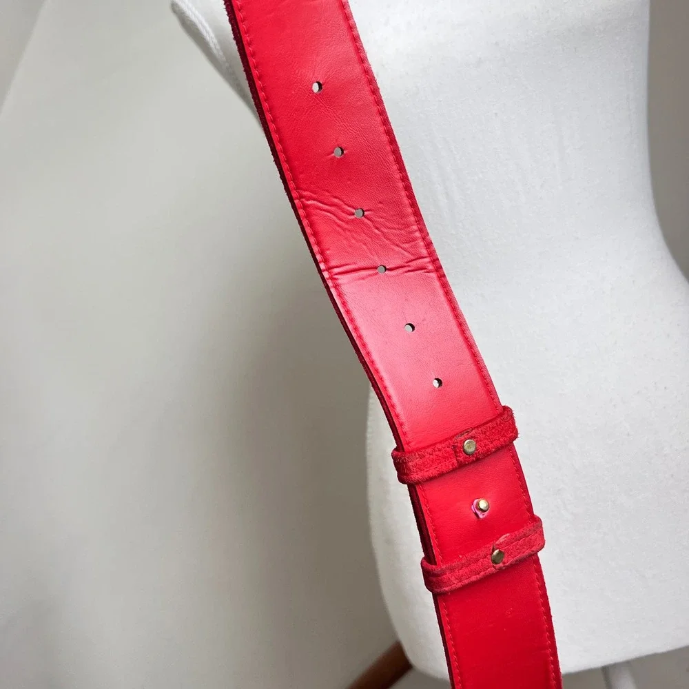 Vintage 80s Statement Belt Red Suede Leather Gold Ornate Buckle Wide Thick Big